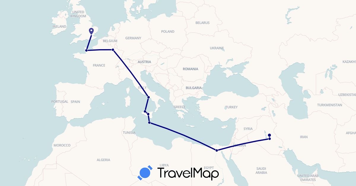 TravelMap itinerary: driving in Egypt, France, United Kingdom, Iraq, Italy, Malta (Africa, Asia, Europe)